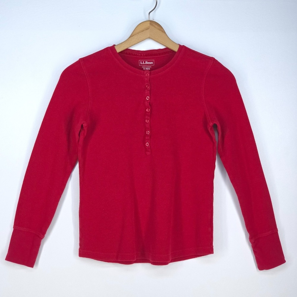 LL Bean Waffle Knit Thermal Henley Women Small Cotton Long Sleeve V Neck Work